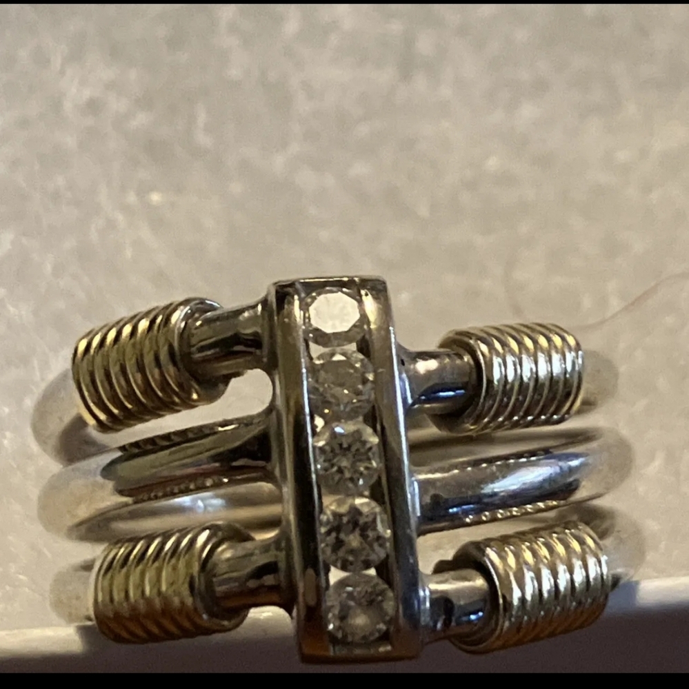 14k white gold, yellow gold accents diamond channel ring. Size 6